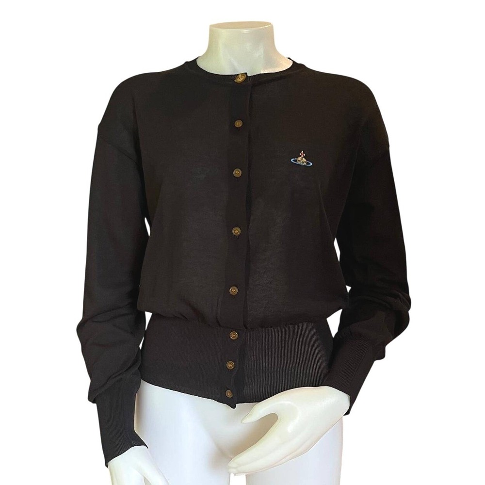 Vivienne Westwood Black Cotton Embroidered Orb Logo Cardigan Sweater Large EUC